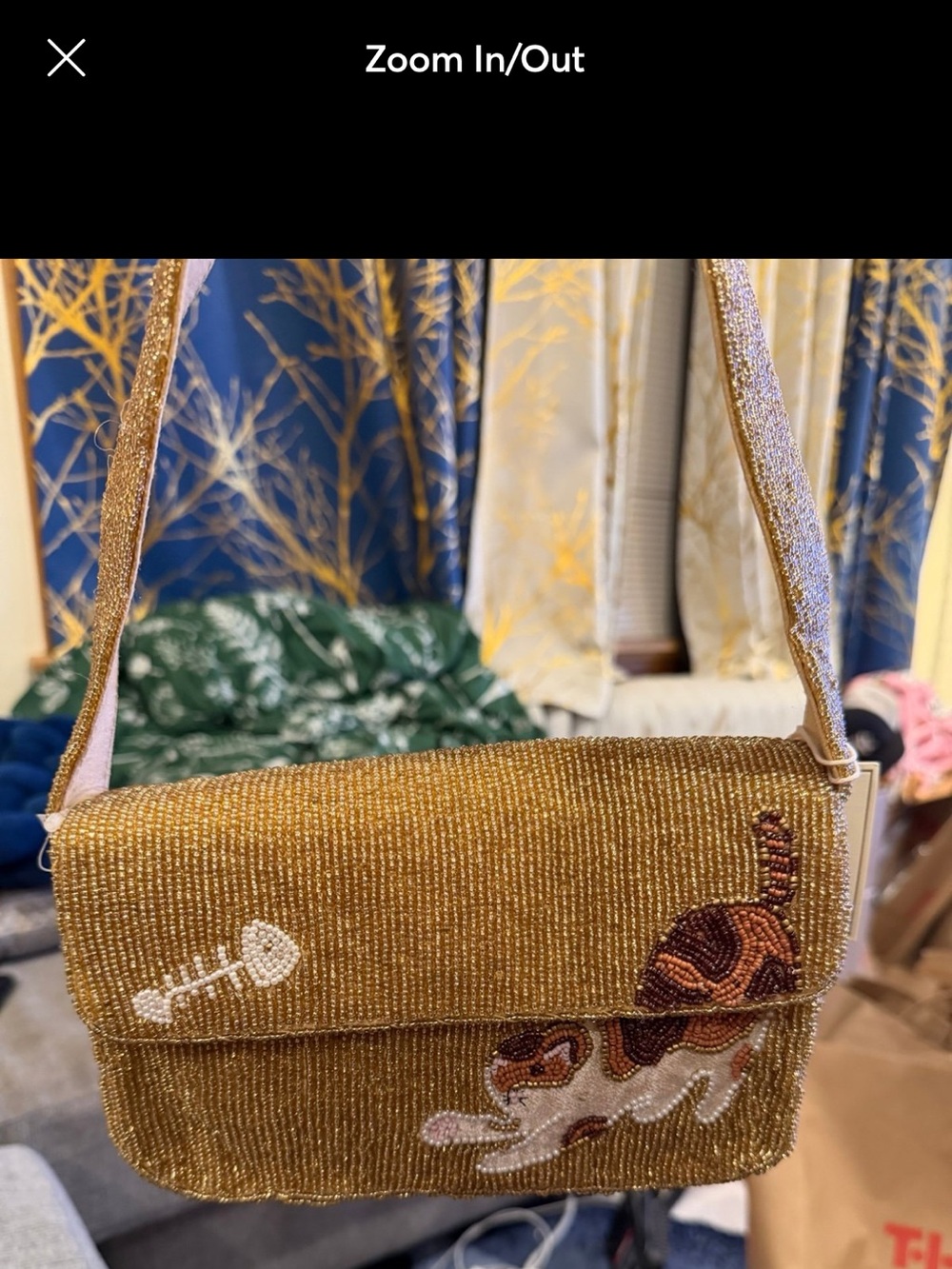 Beaded Cat Motif Shoulder Bag in Gold-Tone